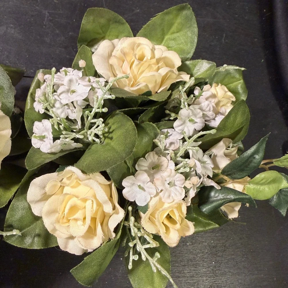 Cream Rose White Babys Breath Artificial Floral Candle Rings Set of 2 12 Inch